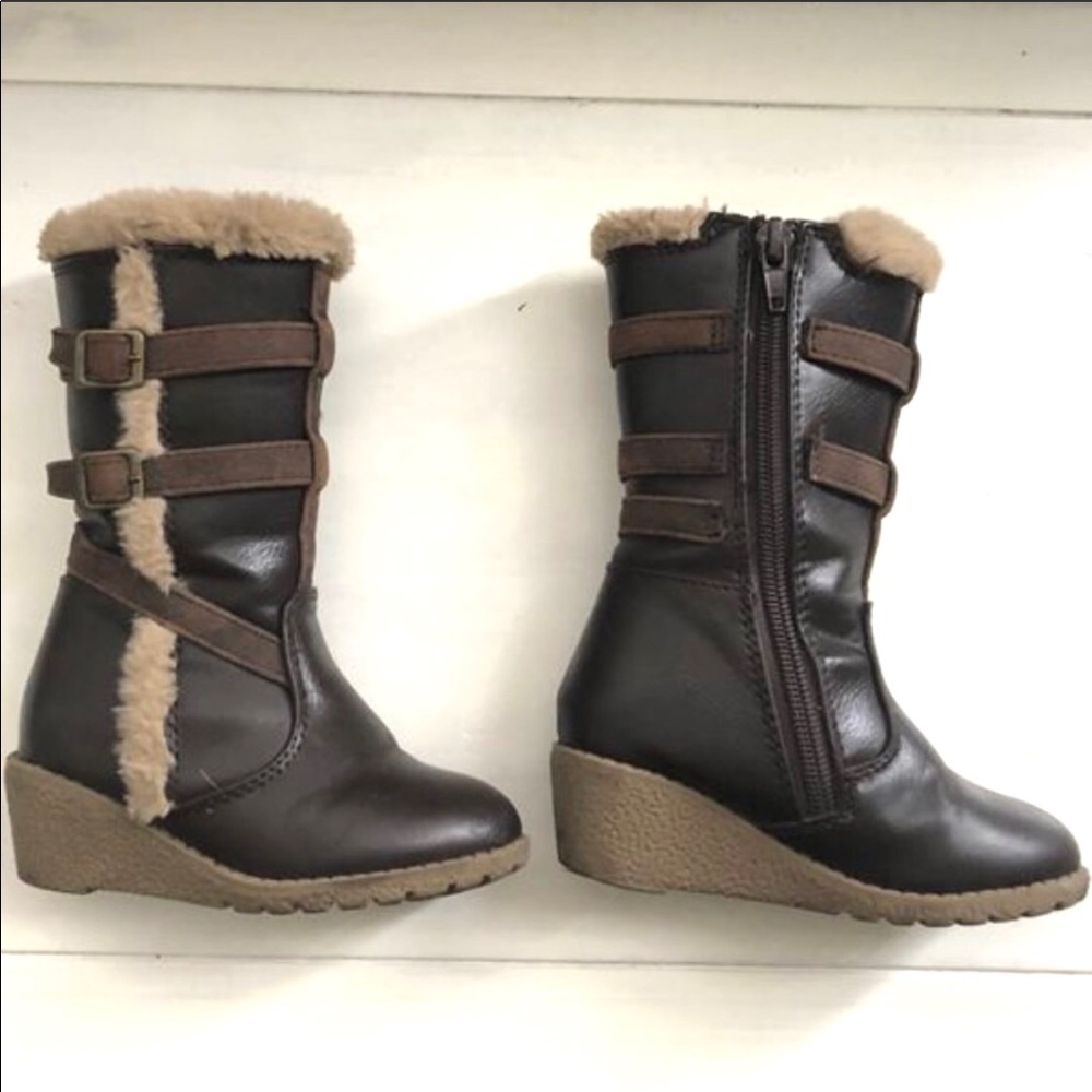 Toddler girl brown faux leather boots w fur trim